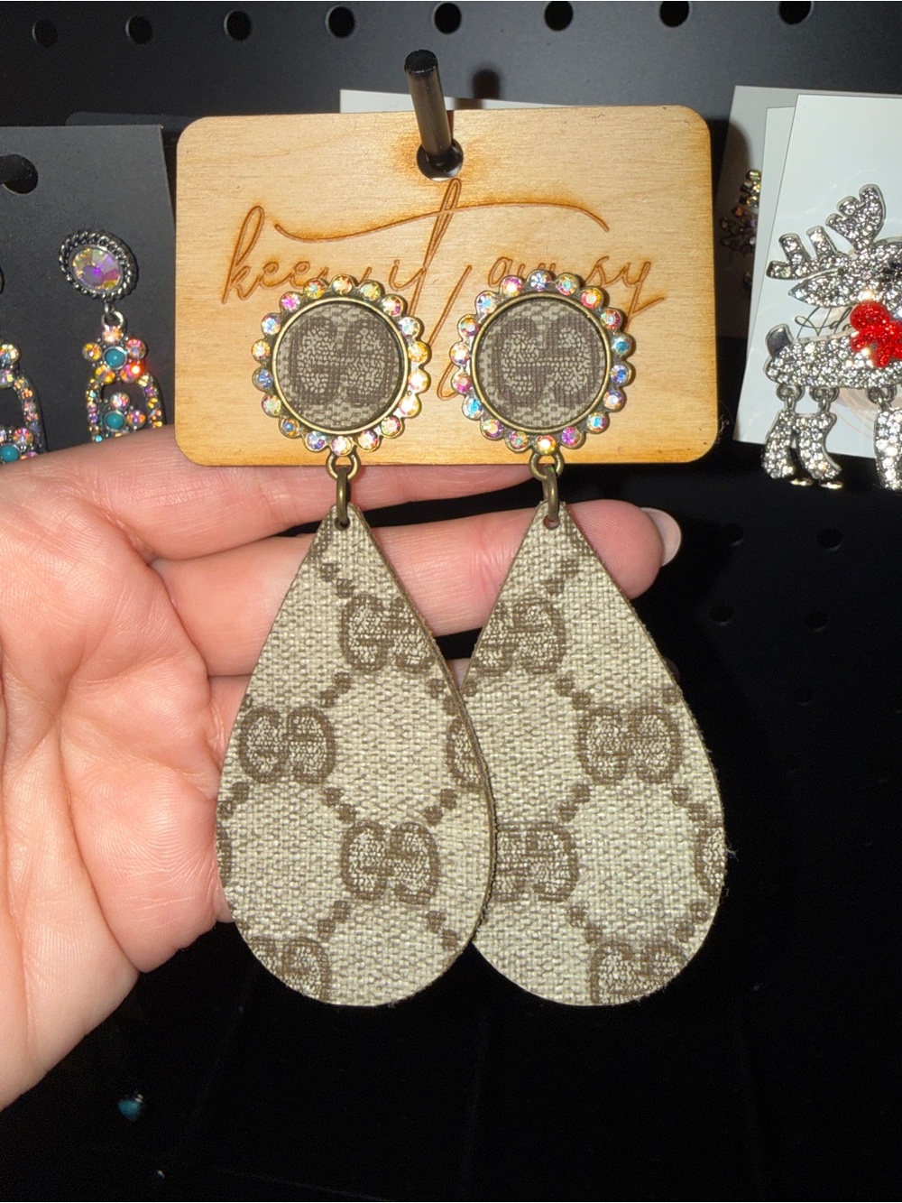 Upcycled GG Beige Monogram Teardrop Statement Earrings with Iridescent Studs